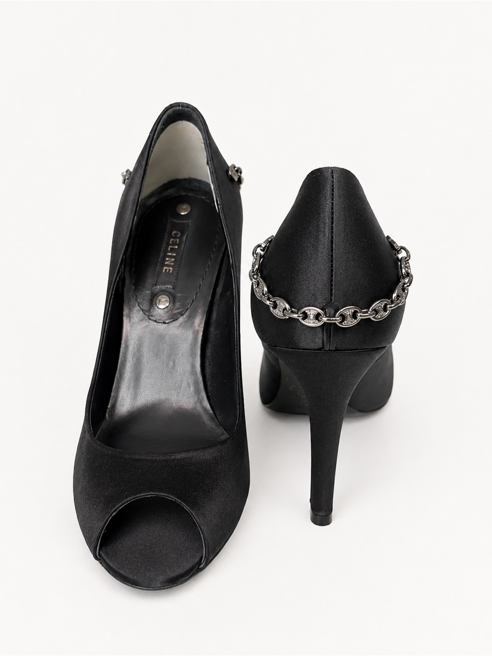 Luxury Celine Black Satin Peep-Toe Stiletto with Silver Chain Accent 36.5 - Picture 6 of 10